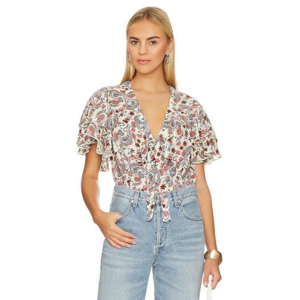 FREE PEOPLE women size Large Call Me Later Bodysuit Top Paisley Printed v-neck - Picture 5 of 11